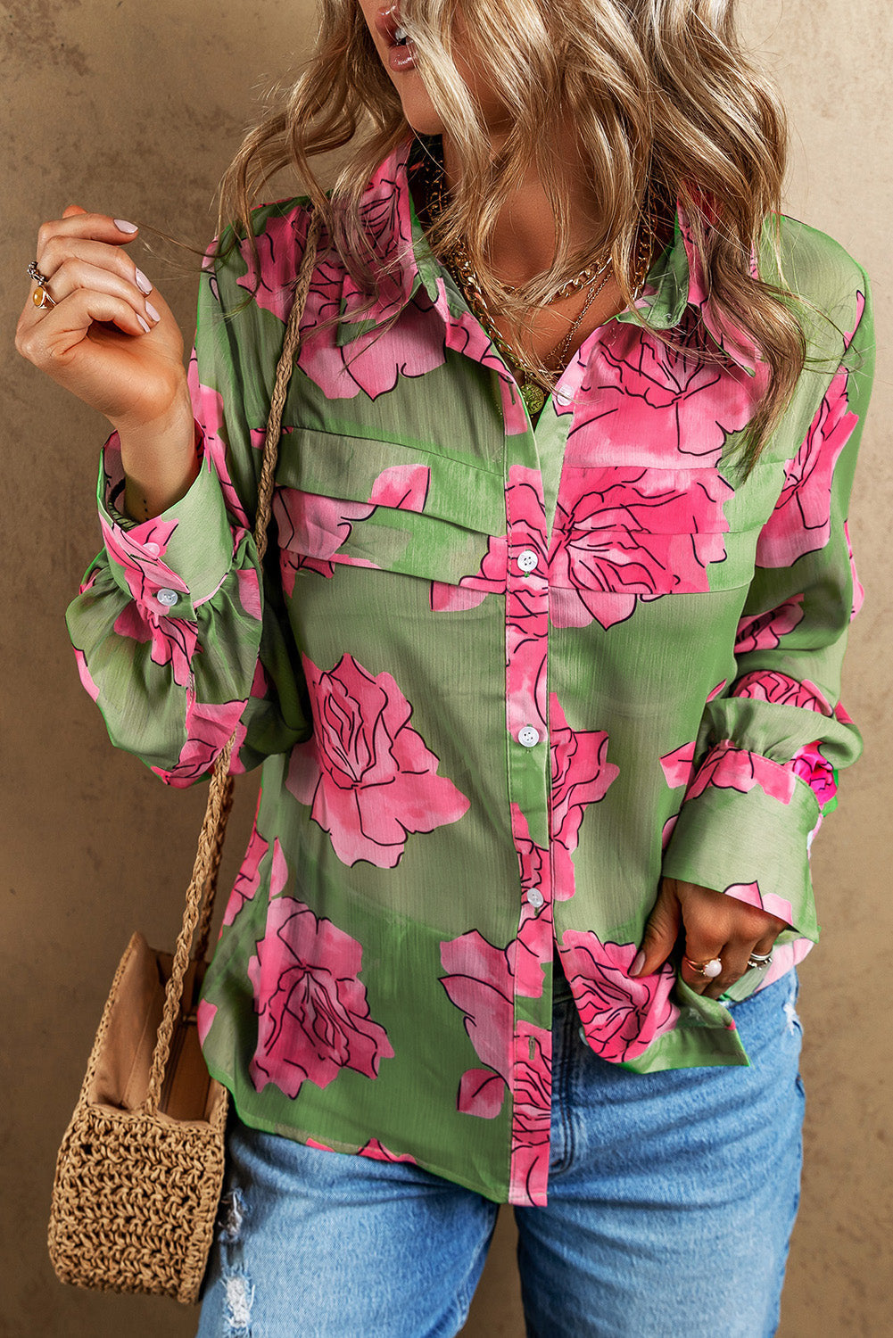 Chemise à manches bouffantes et détails plissés à imprimé floral