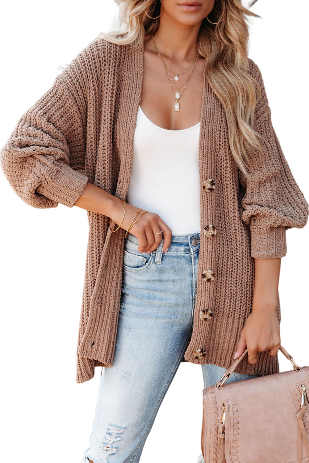 Cardigan tricoté boutonné a épaules tombantes sur le devant