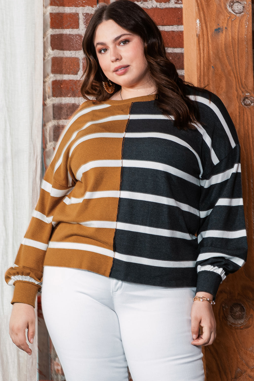 Haut Ample Patchwork Rayé Colorblock de Grande Taille