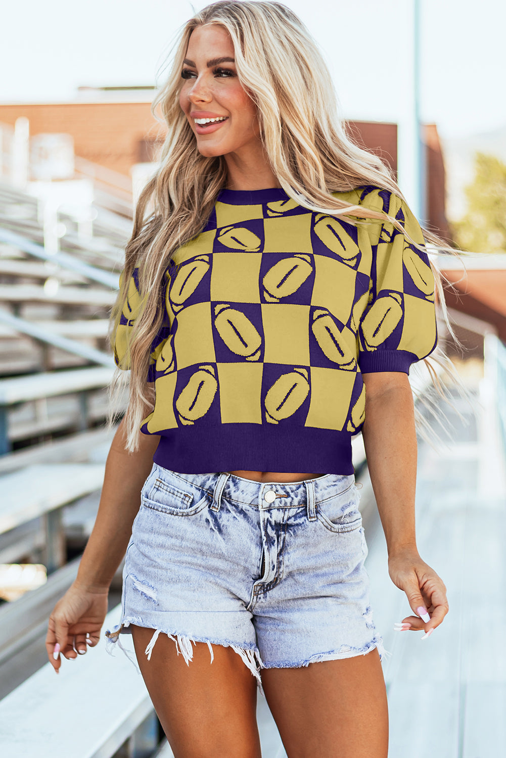 Pull a manches courtes bouffantes en blocs de couleurs a carreaux Rugby