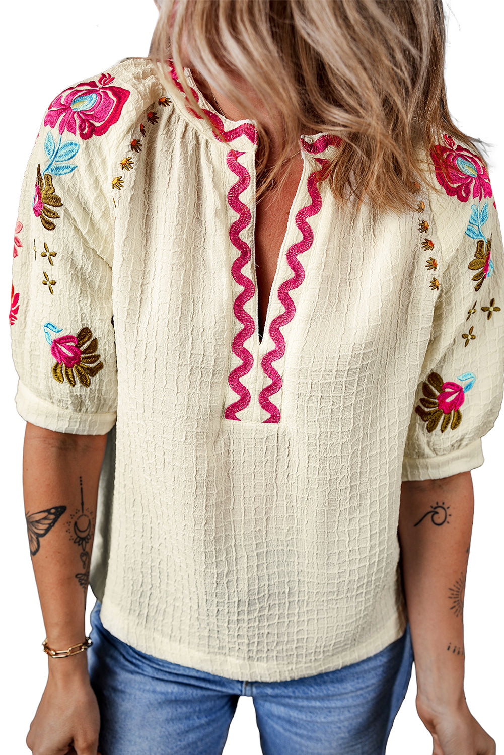 Blouse texturée à manches bouffantes et broderie florale Ricrac