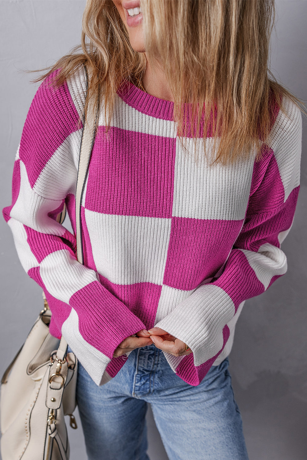Pull ample a carreaux et col rond