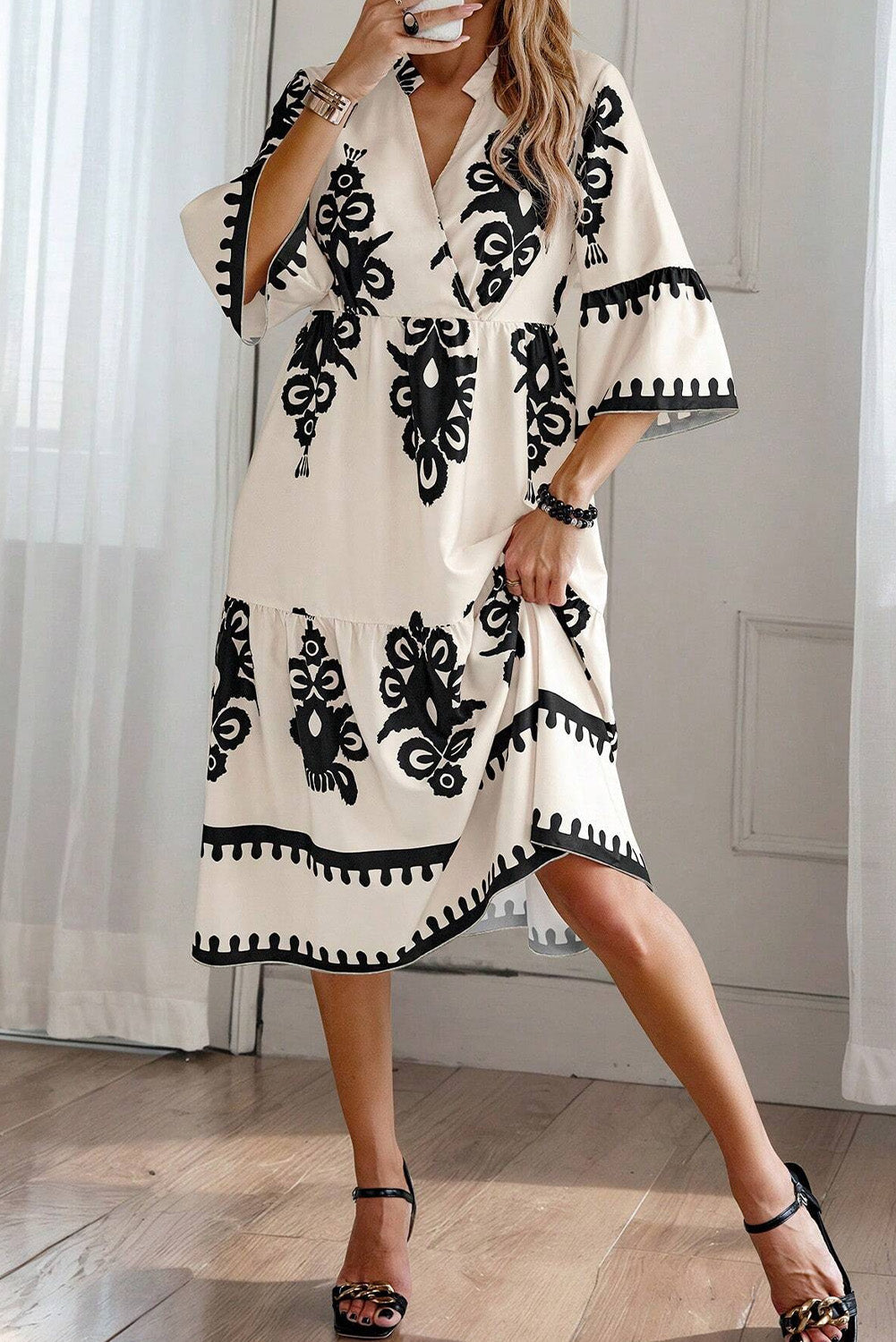 Robe midi ample a manches 3/4 et imprimé géométrique occidental