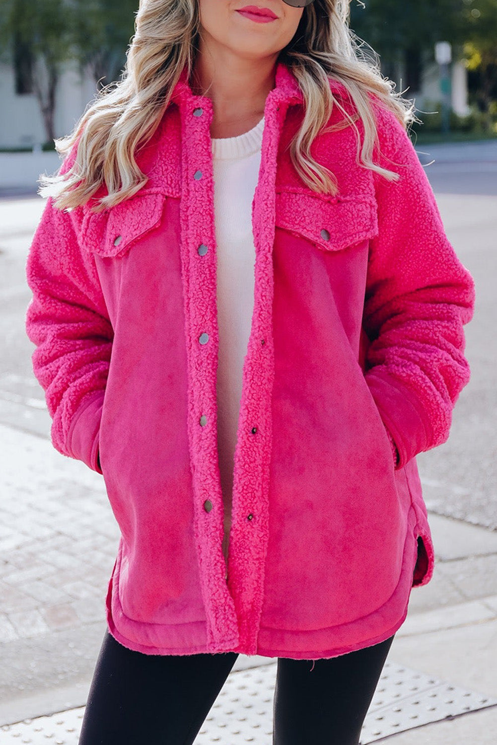 Veste boutonnée en patchwork sherpa en faux suède