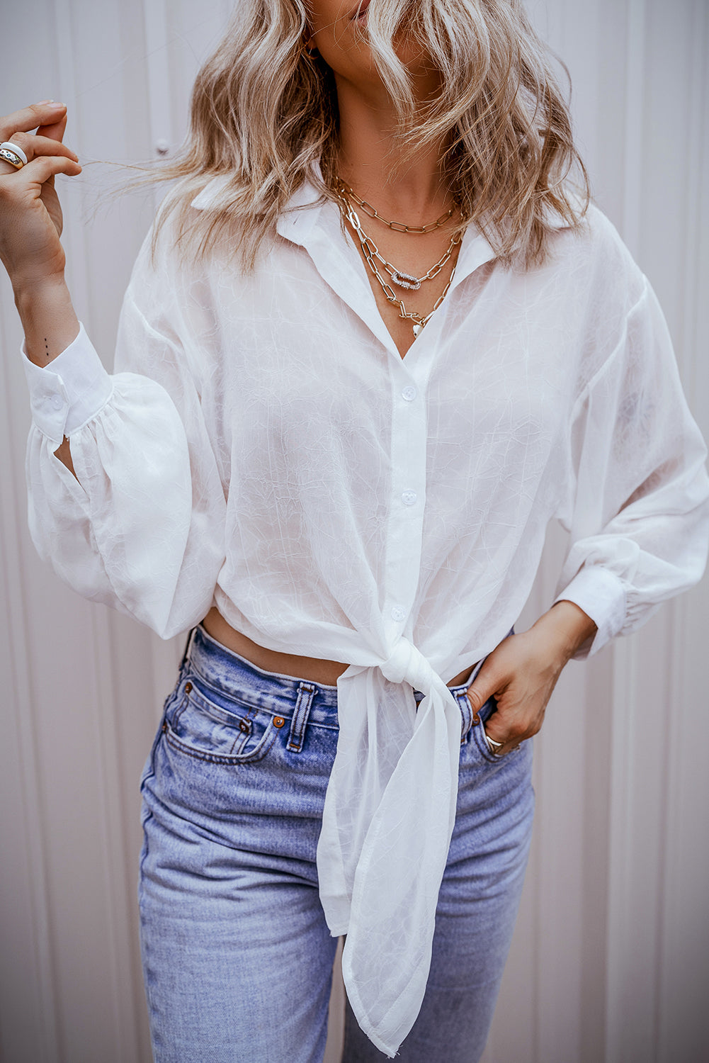 Chemise transparente unie nouée sur le devant, coupe ample