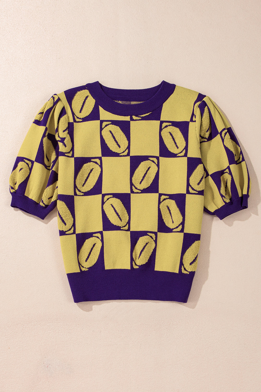 Pull a manches courtes bouffantes en blocs de couleurs a carreaux Rugby