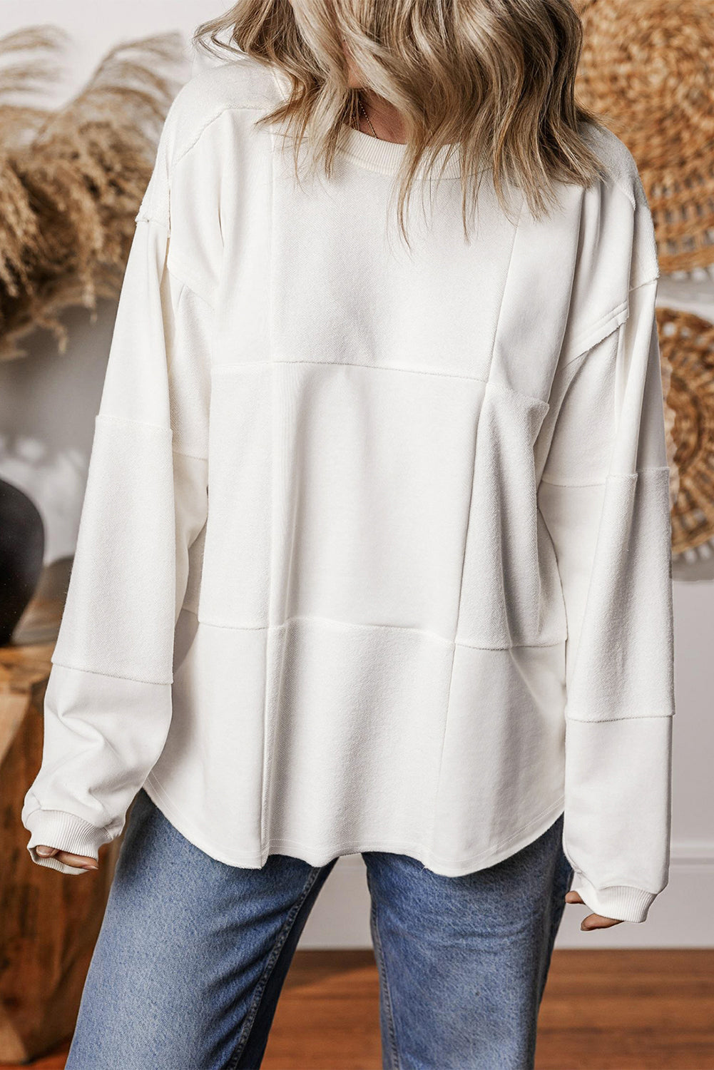 Sweat-shirt ample à épaules tombantes et patchwork de couleur unie