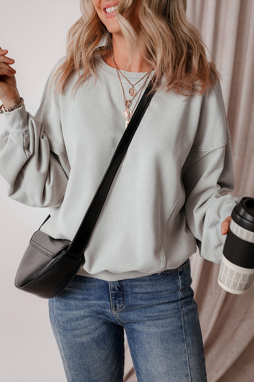 Sweat-shirt à épaules tombantes et manches chauve-souris à coutures apparentes