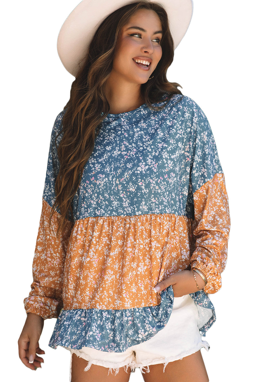 Blouse florale a col rond et ourlet a volants en patchwork de blocs de couleurs