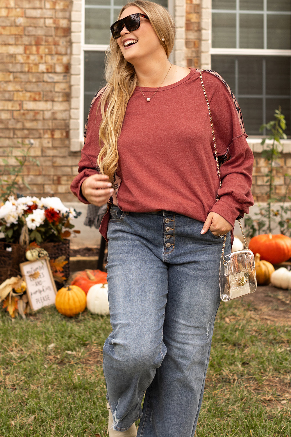 Sweat-shirt Haut Bas a Epaule Tombante Aztèque Patchwork Grande Taille