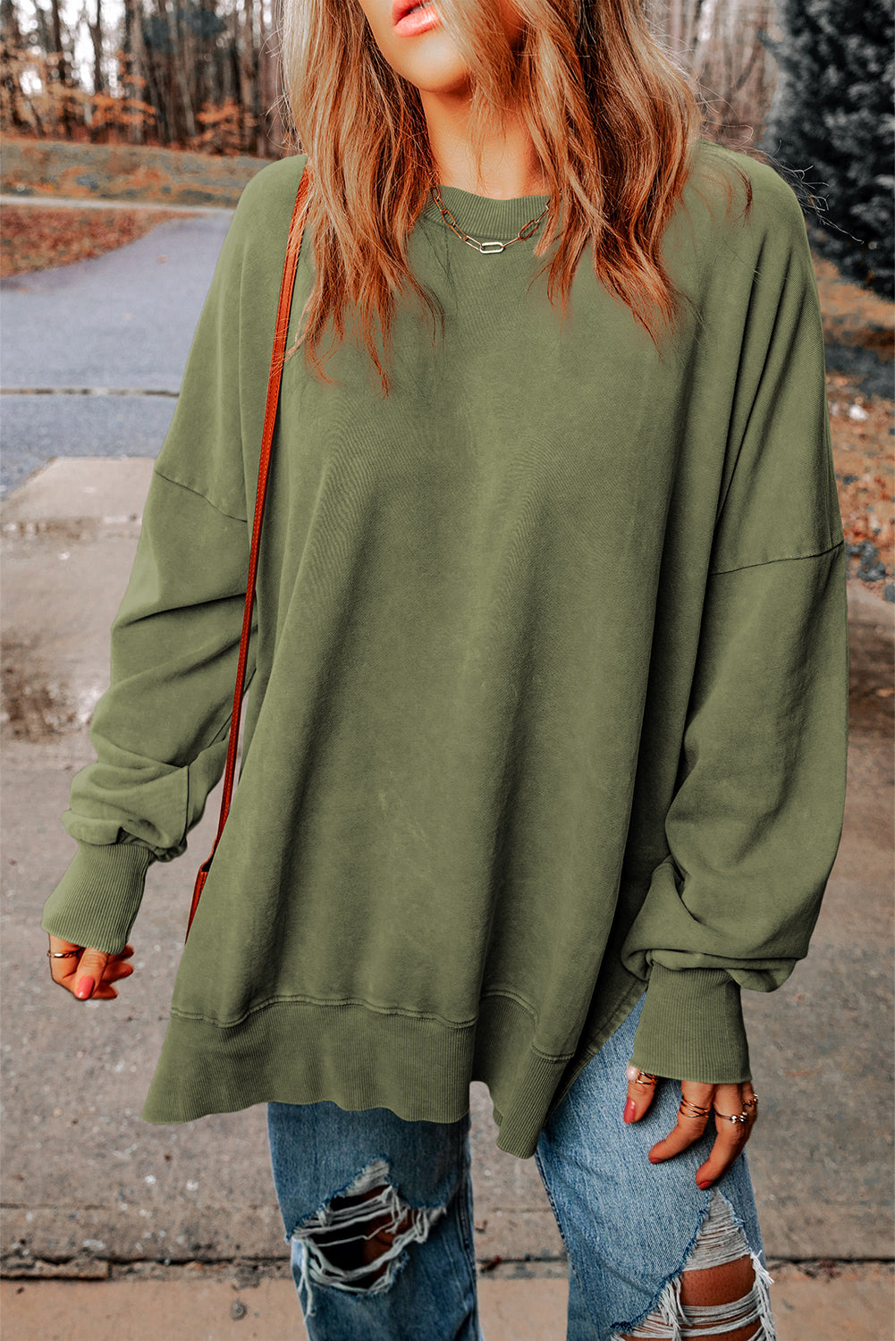 Sweat-shirt surdimensionné à épaules tombantes et bordure côtelée