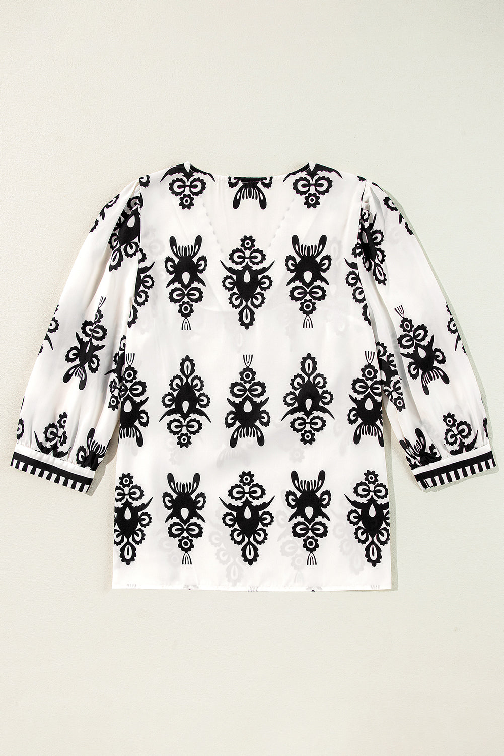 Blouse Vintage à Imprimé Géométrique à Manches 3/4 et Col en V