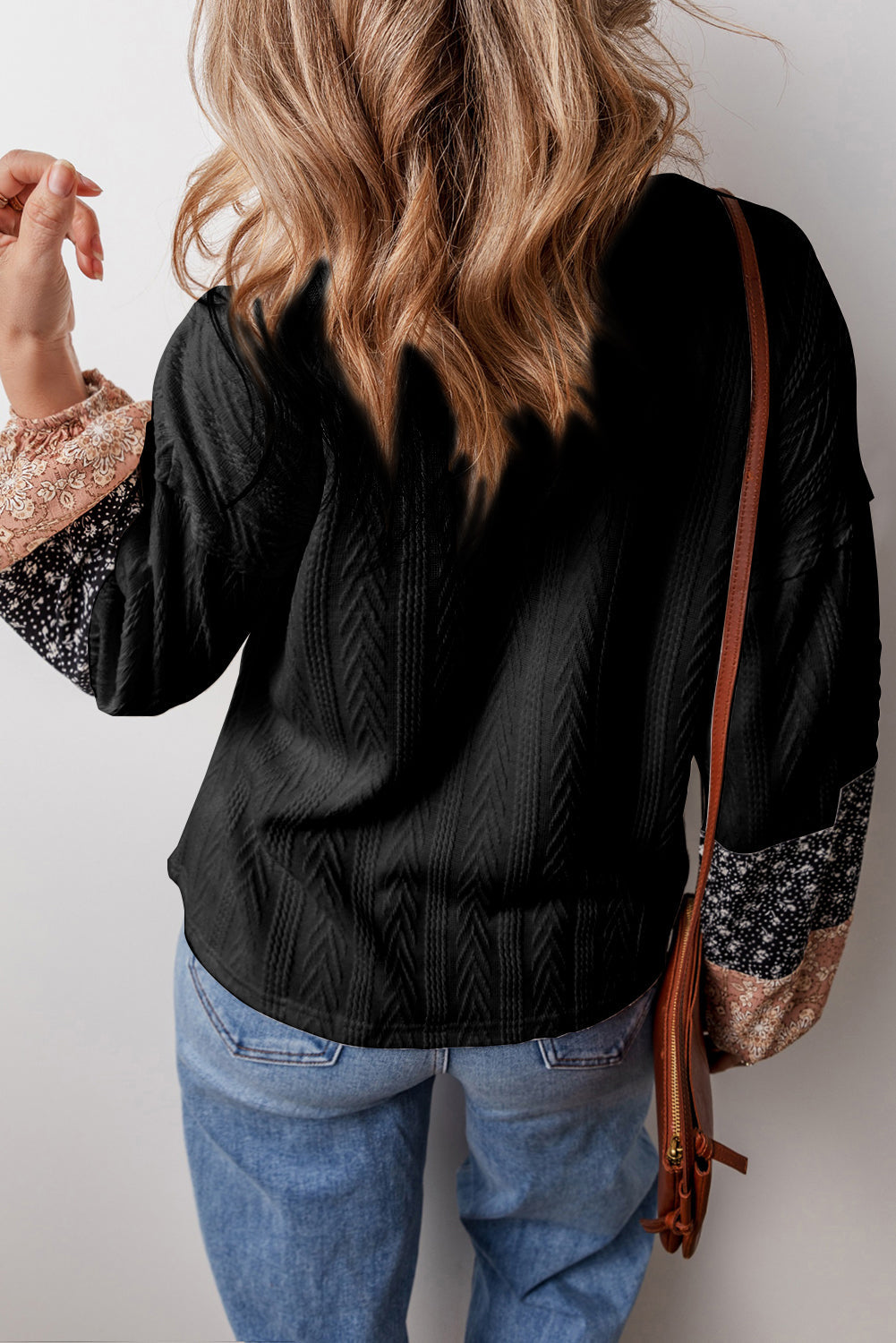 Blouse a col en V avec cordon de serrage en tricot texturé patchwork floral