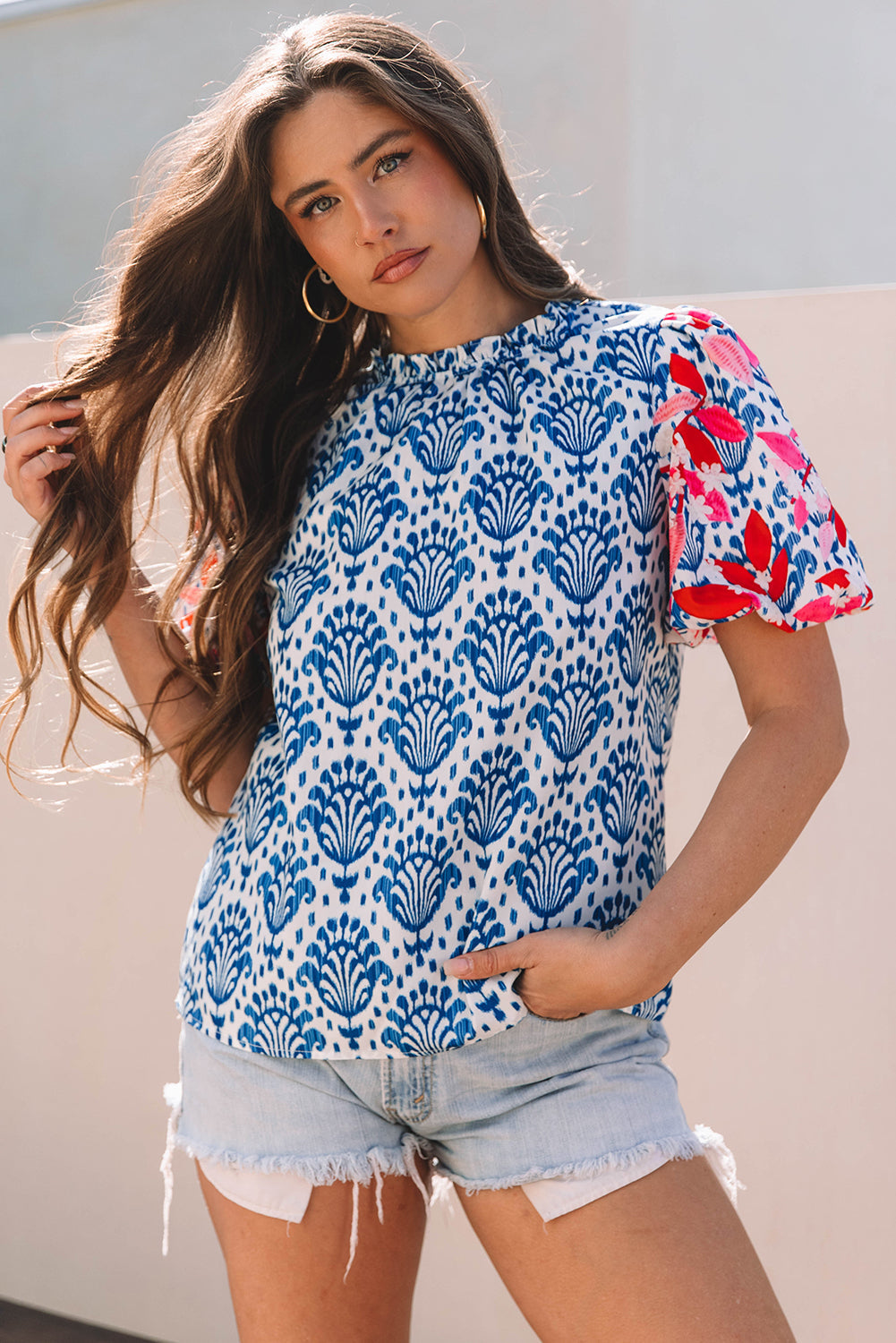 Chemisier à manches bouffantes et col à volants, imprimé floral, style western