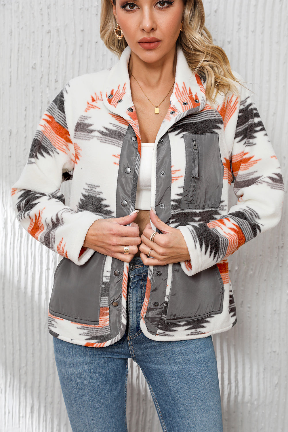 Veste à boutons-pression en polaire patchwork aztèque