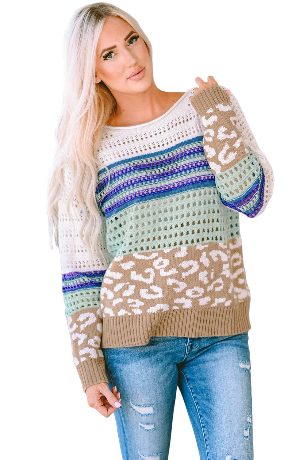 Pull au crochet en tricot à motif rayé léopard multicolore