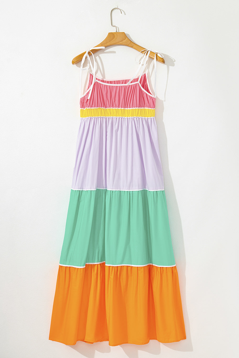 Robe longue fluide à taille haute et bretelles à nouer, colorblock, avec poches