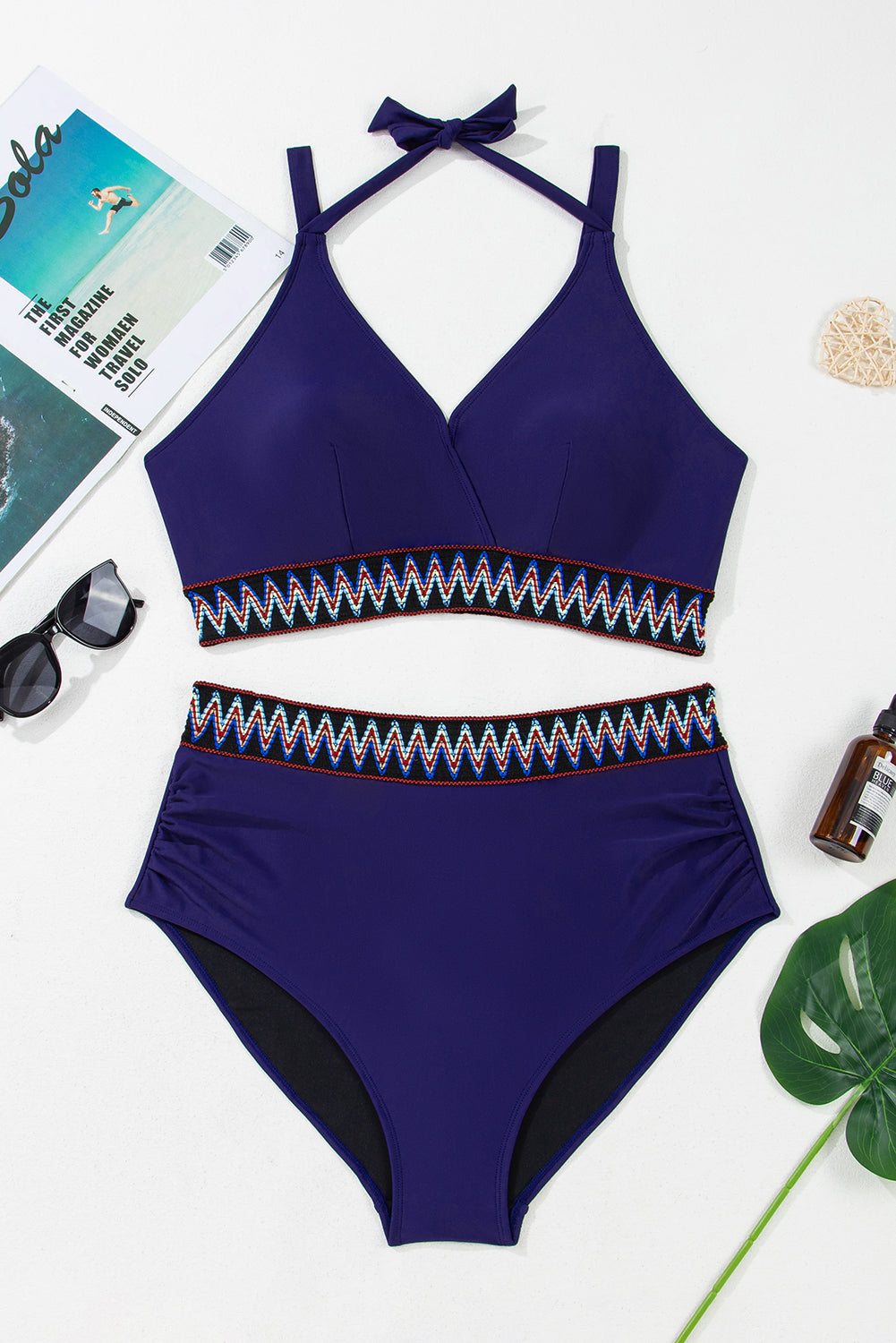 Bikini taille haute grande taille avec bordure brodée et nœud