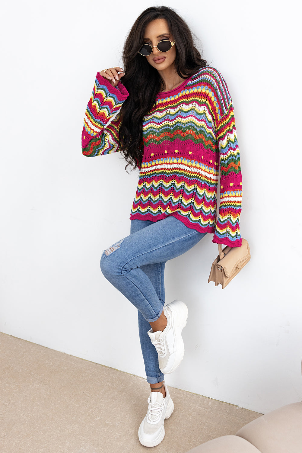 Pull a manches amples en tricot ajouré a rayures color block