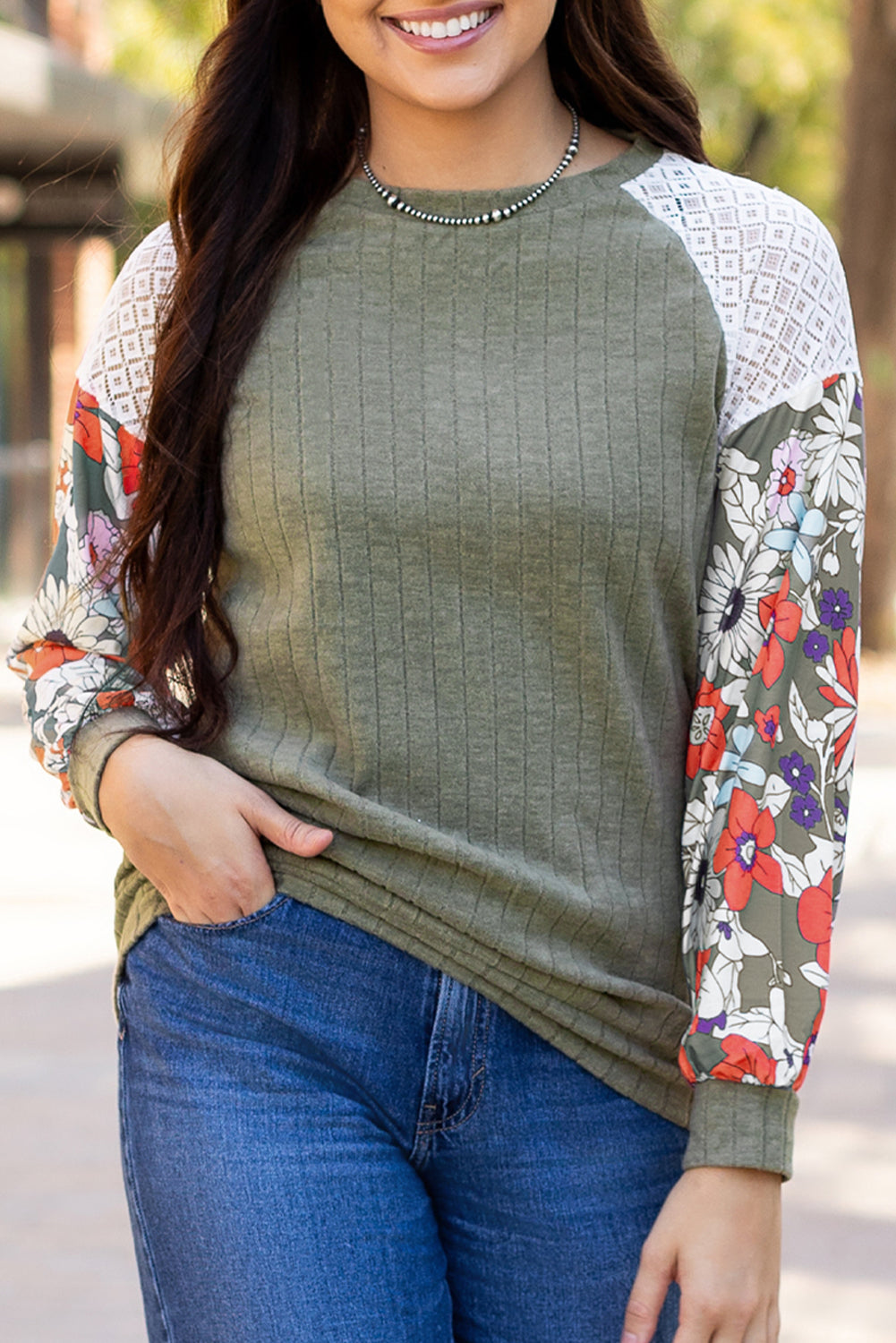 Blouse côtelée a manches longues et patchwork floral