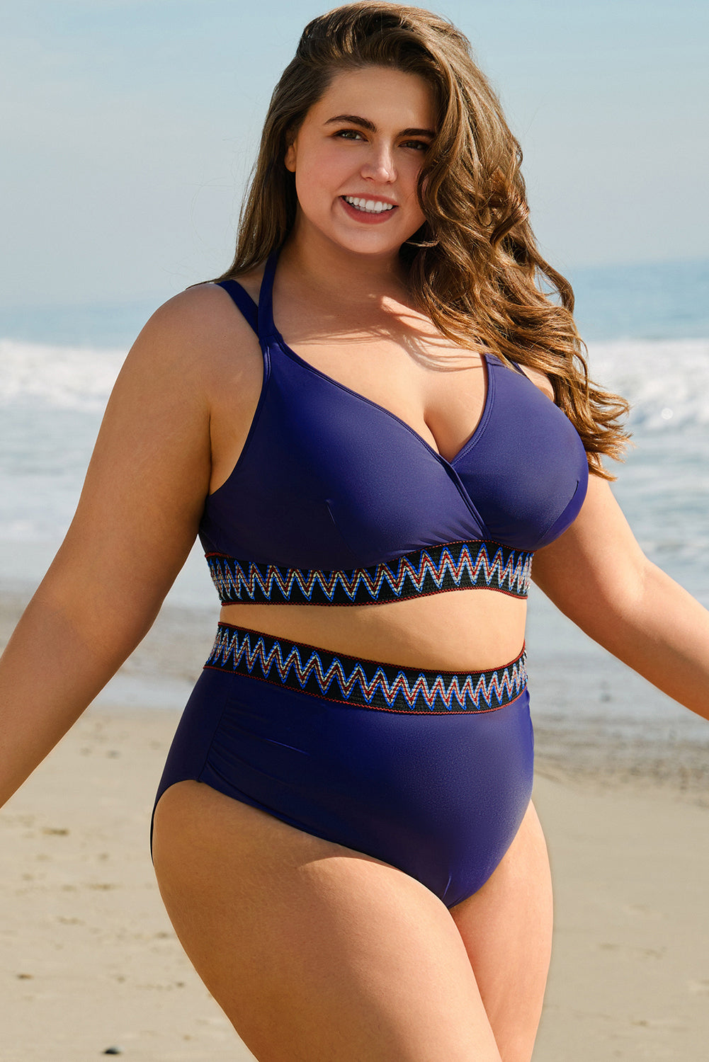 Bikini taille haute grande taille avec bordure brodée et nœud