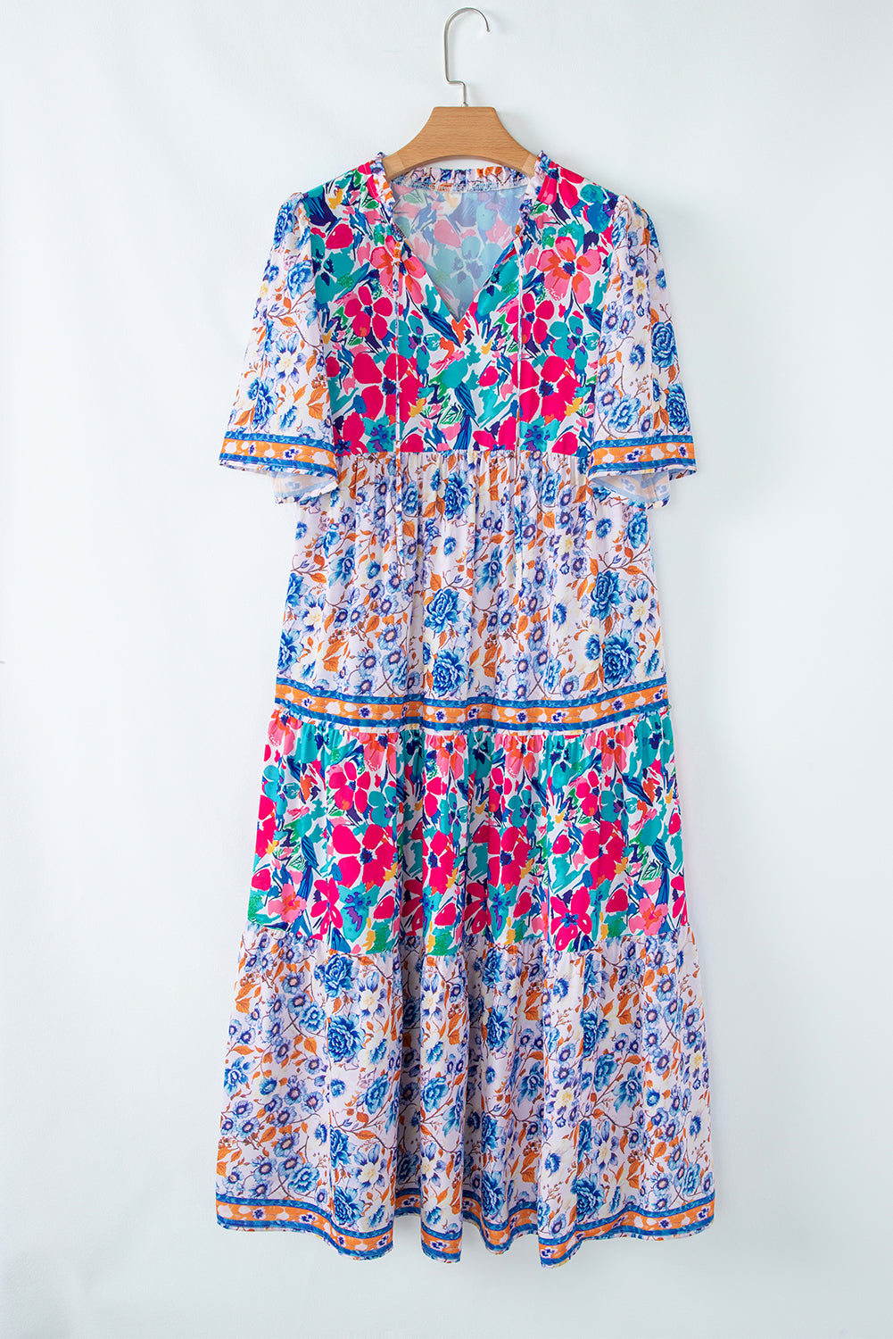 Robe à manches courtes et col fendu avec imprimé floral mixte