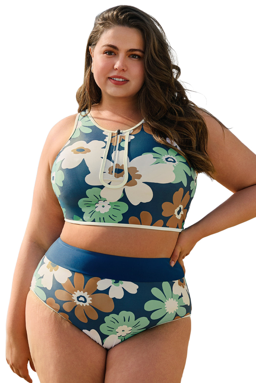 Bikini deux pièces grande taille zippé à imprimé floral