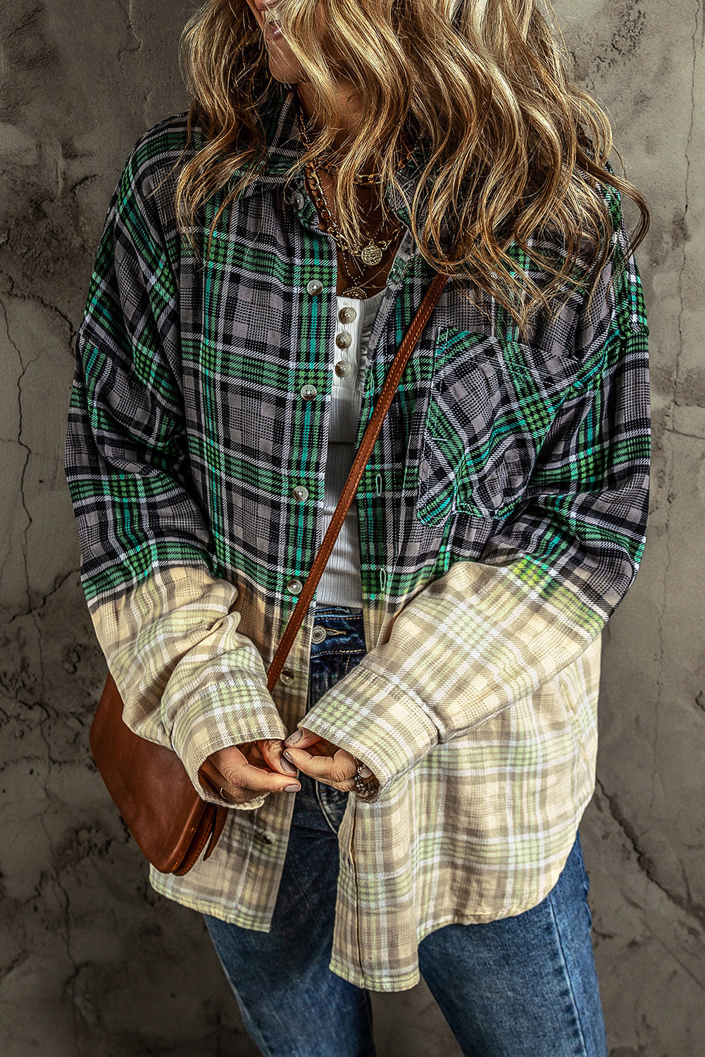 Veste boutonnée avec poche poitrine et patchwork à carreaux contrastés