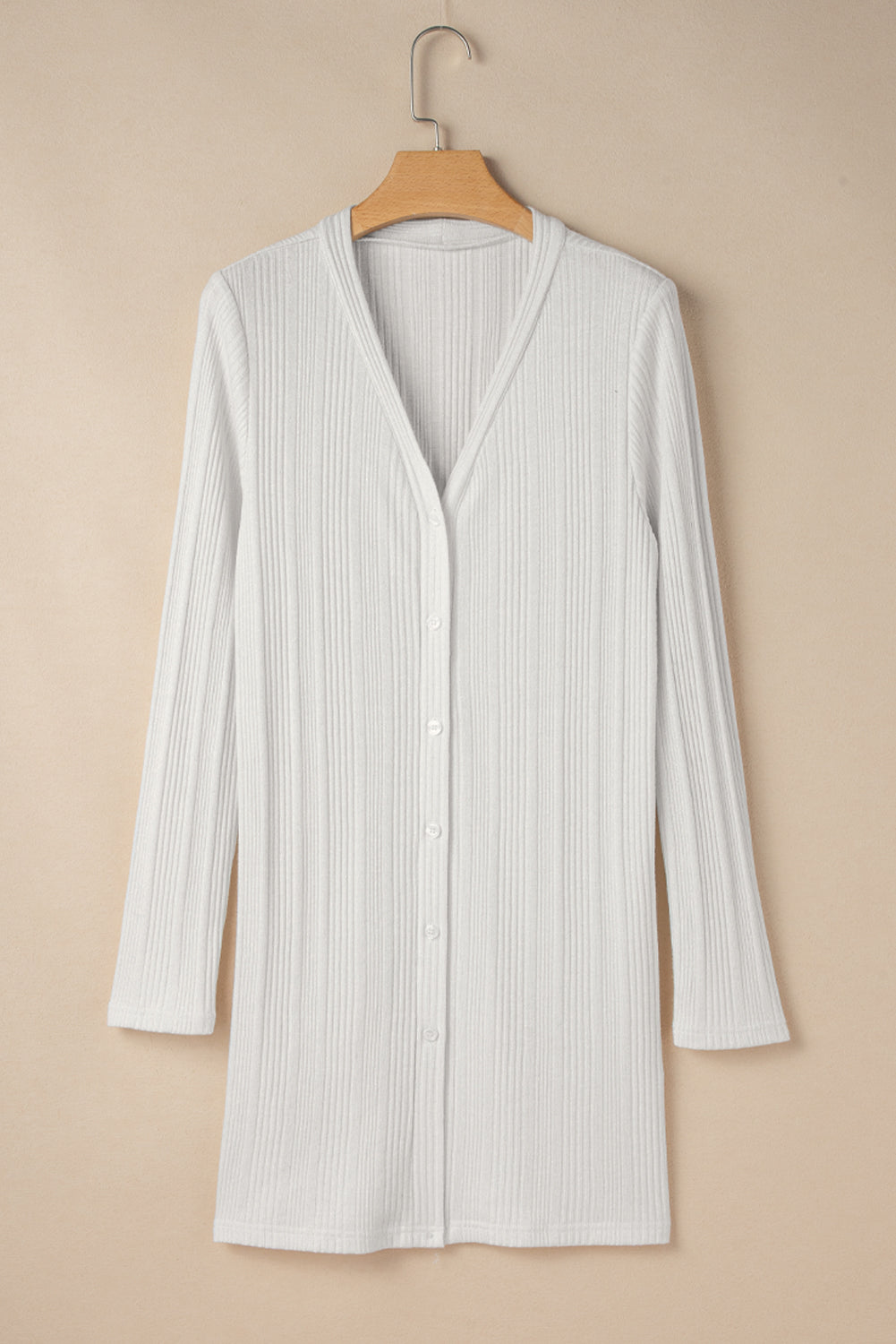 Cardigan tunique boutonné côtelé de couleur unie