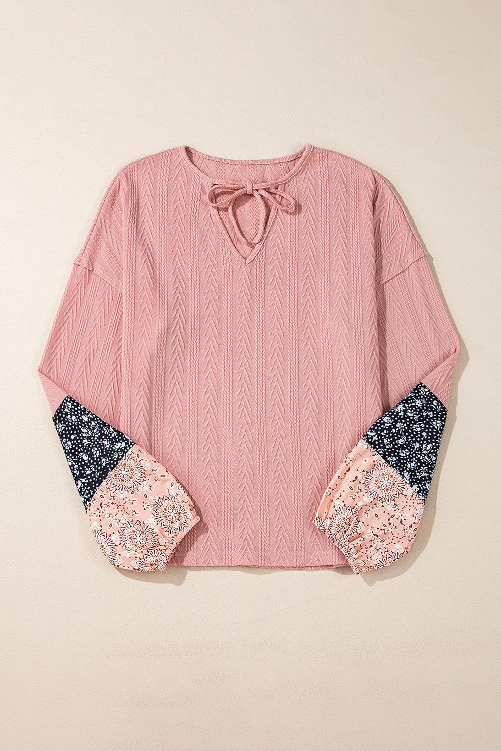 Blouse a col en V avec cordon de serrage en tricot texturé patchwork floral