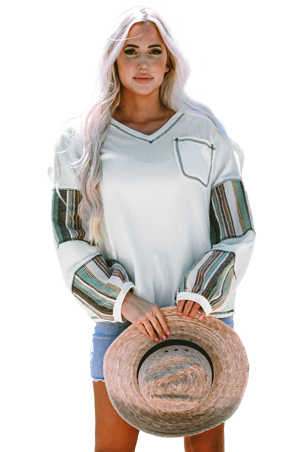 Haut en tricot gaufré a coutures apparentes et patchwork rayé