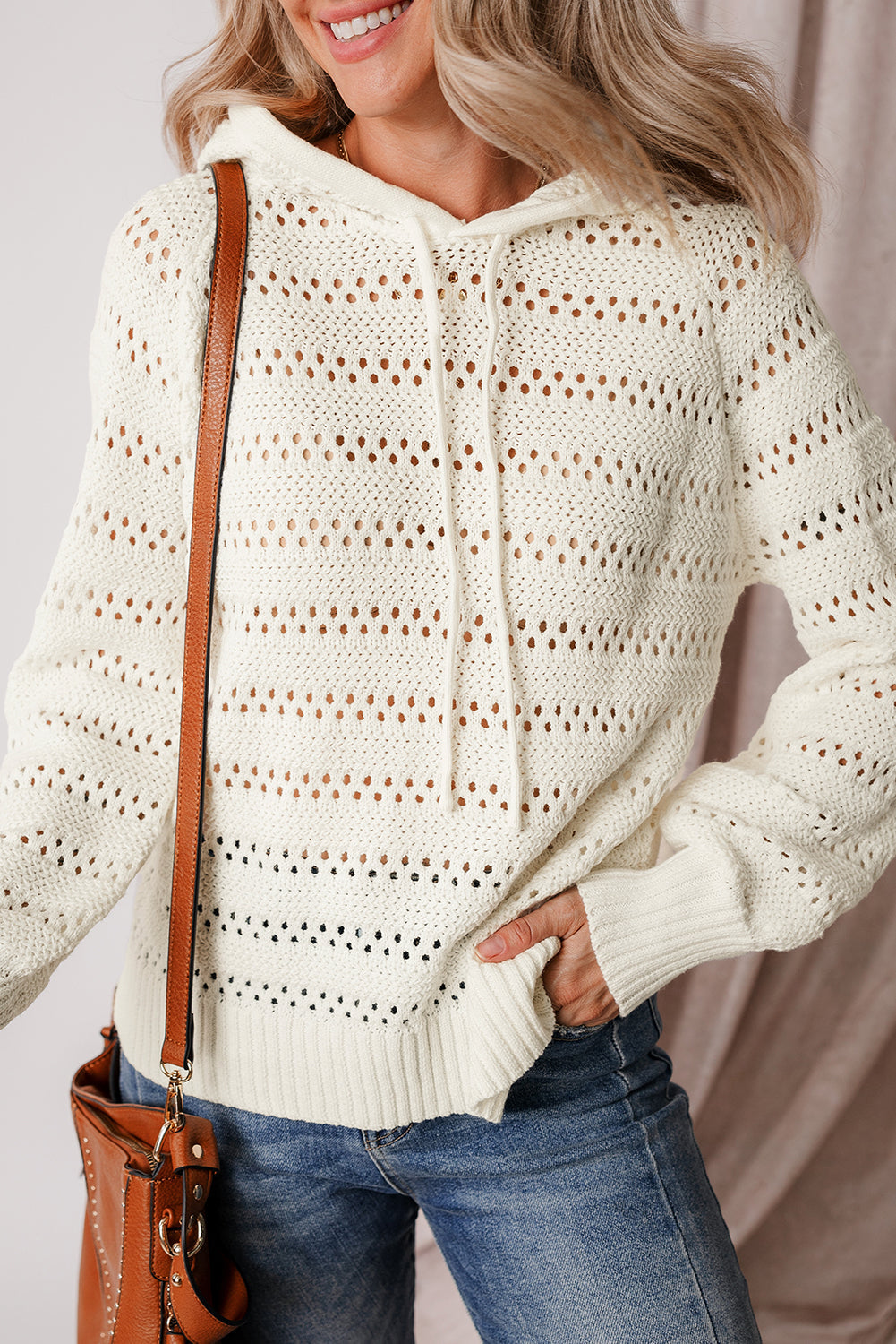 Pull à capuche en tricot pointelle à manches raglan