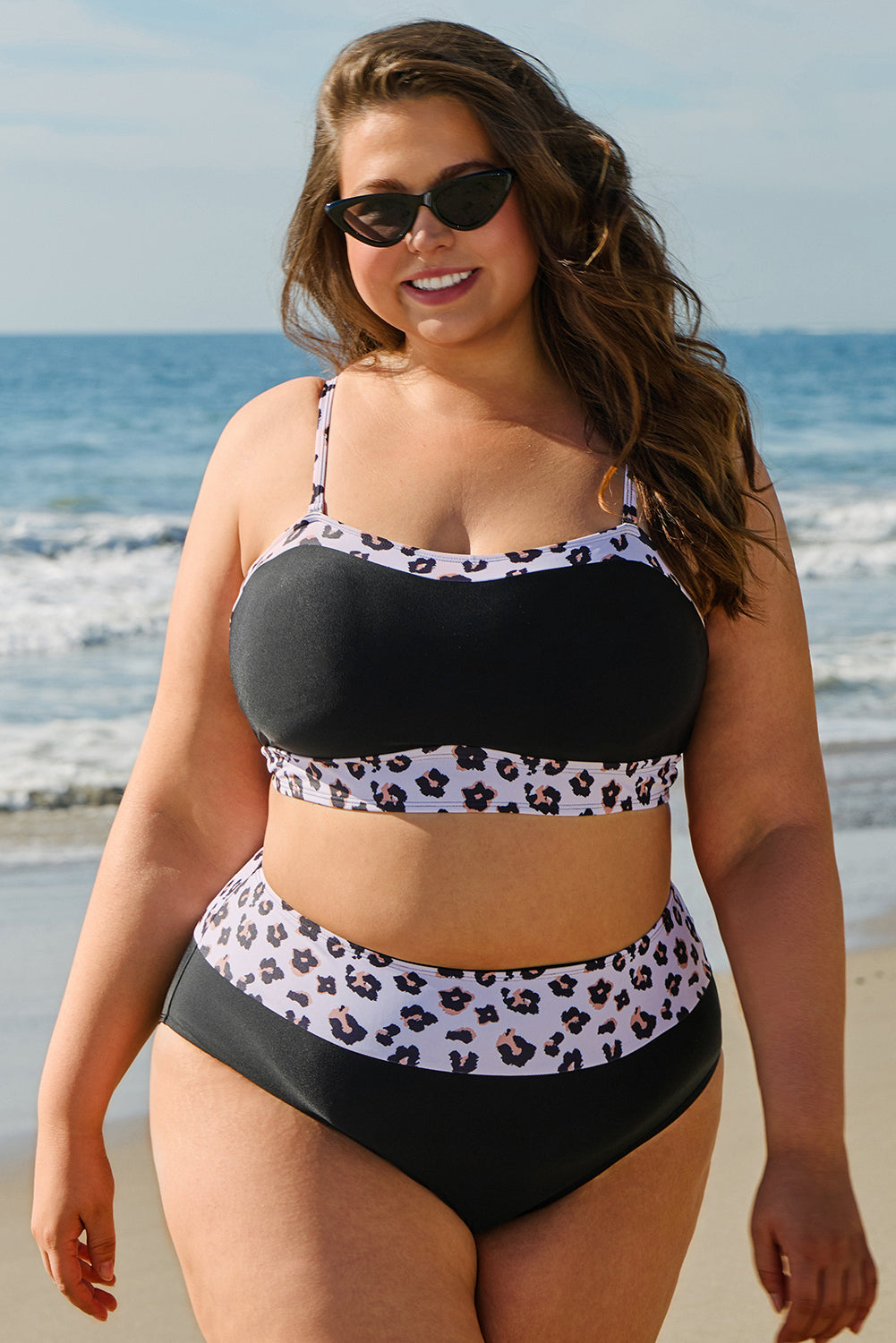 Maillot de bain 2 pièces taille haute patchwork léopard grande taille