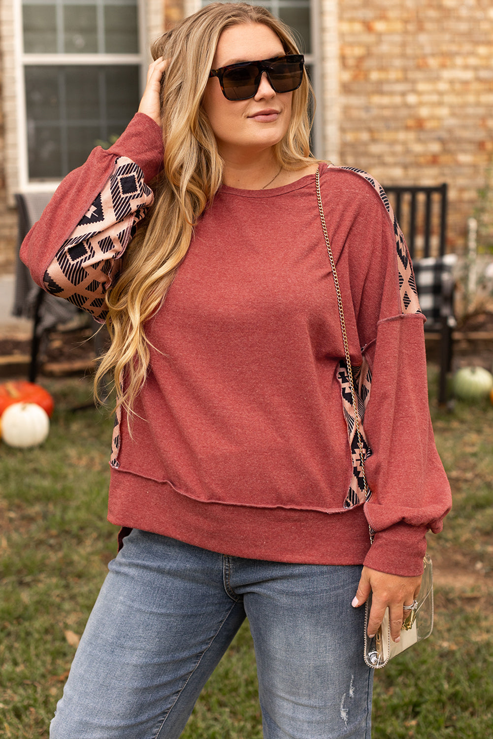 Sweat-shirt Haut Bas a Epaule Tombante Aztèque Patchwork Grande Taille
