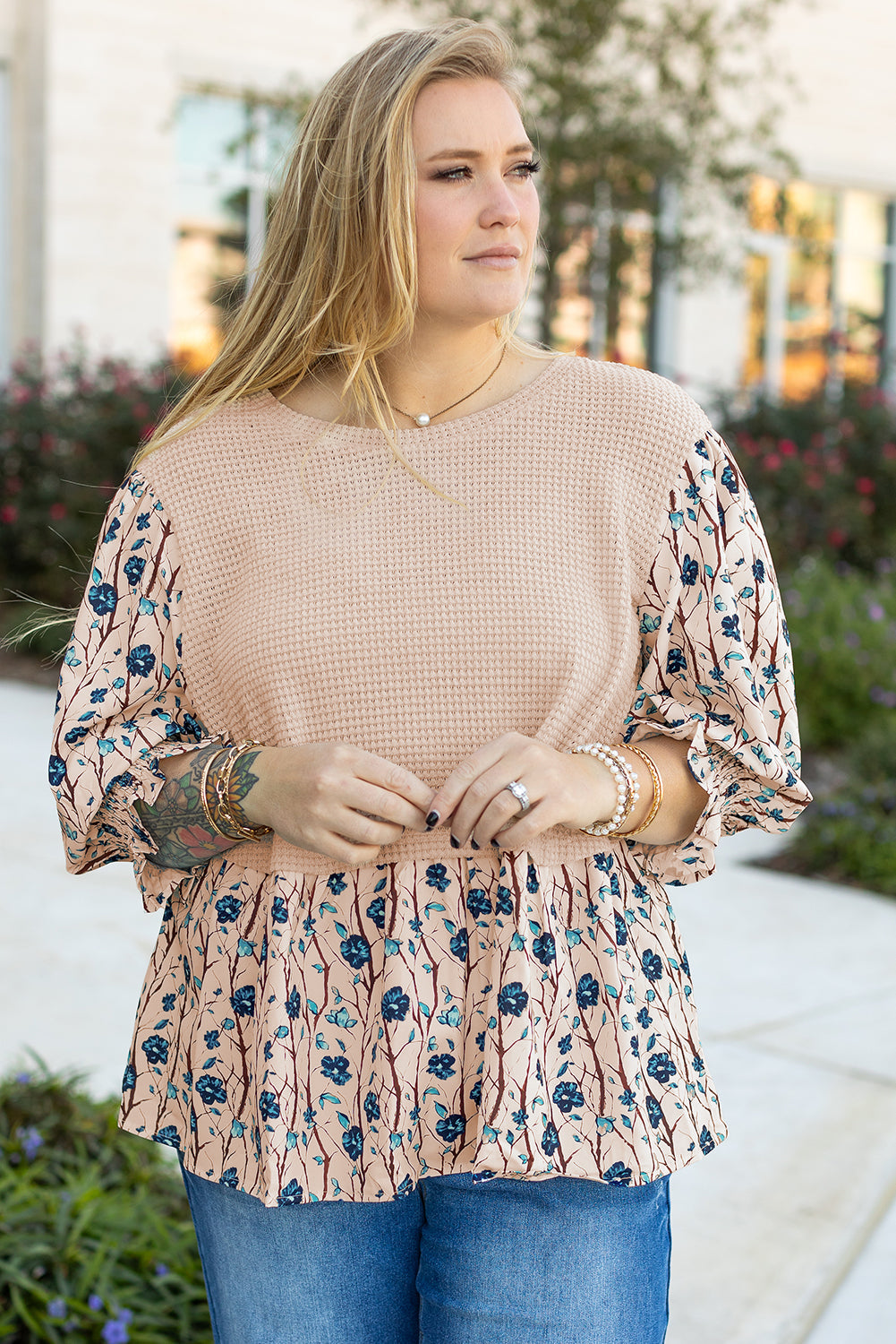 Haut de Grande Taille en Faux Deux Pièces en Maille Patchwork a Imprimé Floral
