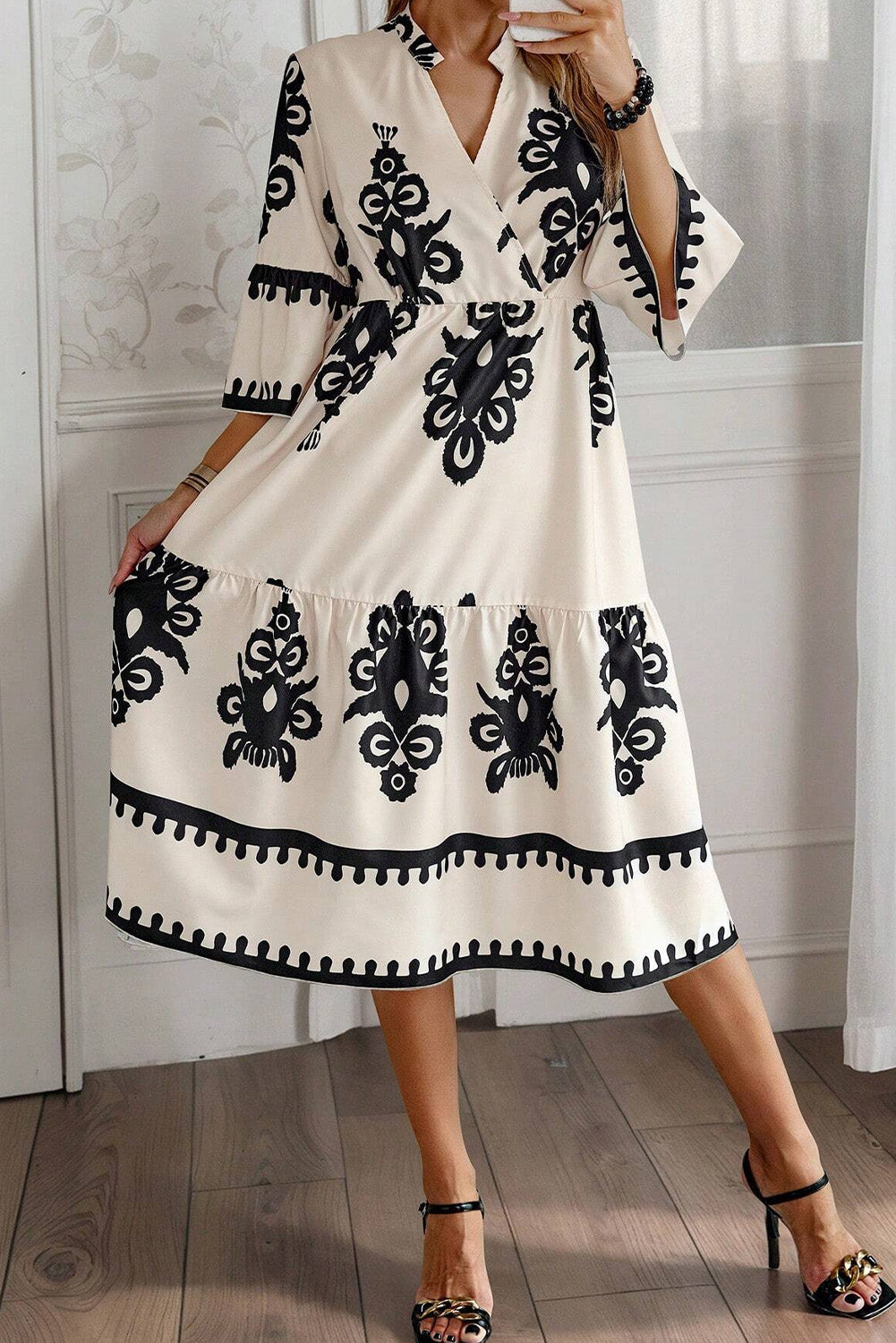 Robe midi ample a manches 3/4 et imprimé géométrique occidental