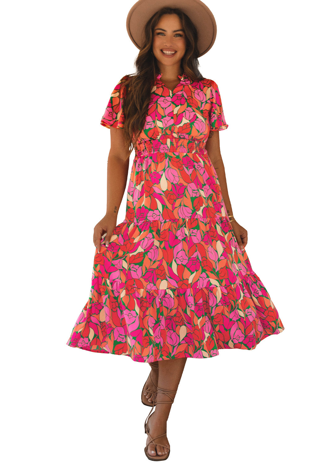 Robe longue florale a manches courtes et taille smockée