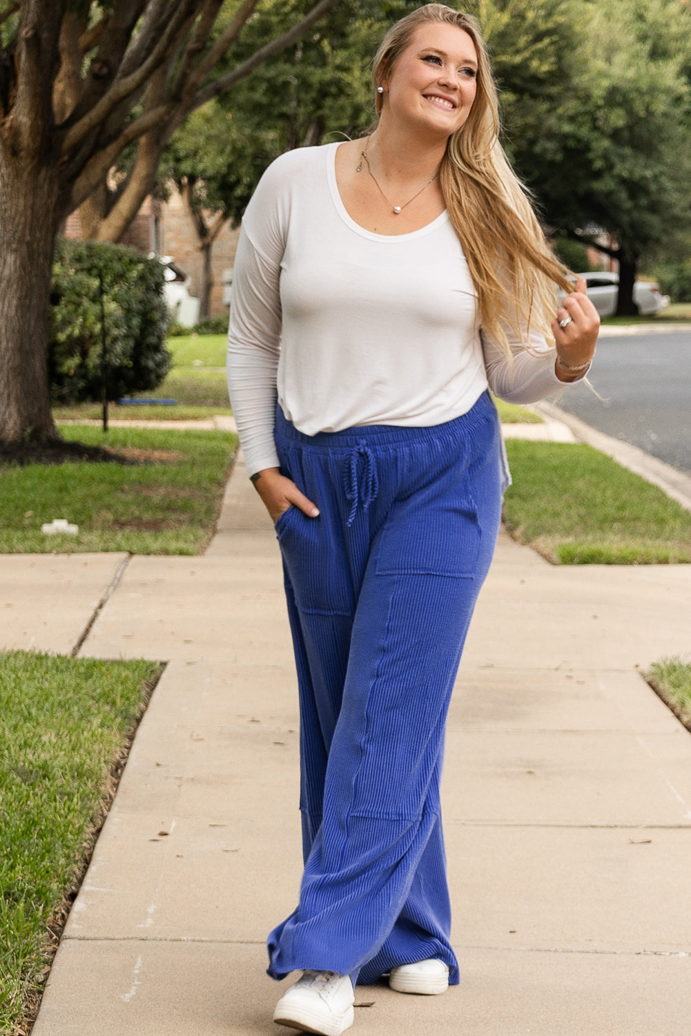 Pantalon a Jambe Large de Grande Taille avec Poche Taille Haute a Cordon de Serrage