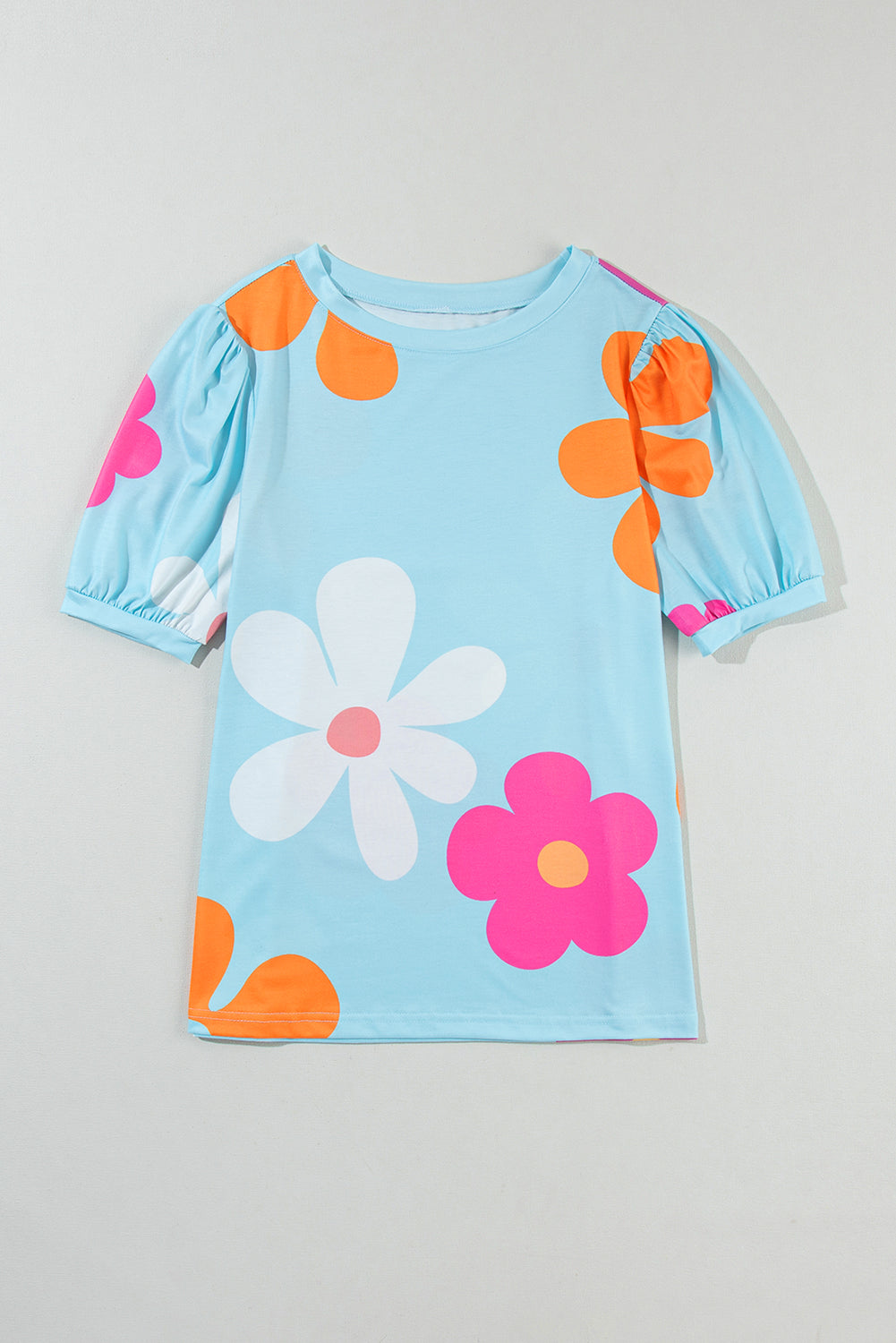 T-shirt à manches bulles et imprimé fleurs bleu ciel