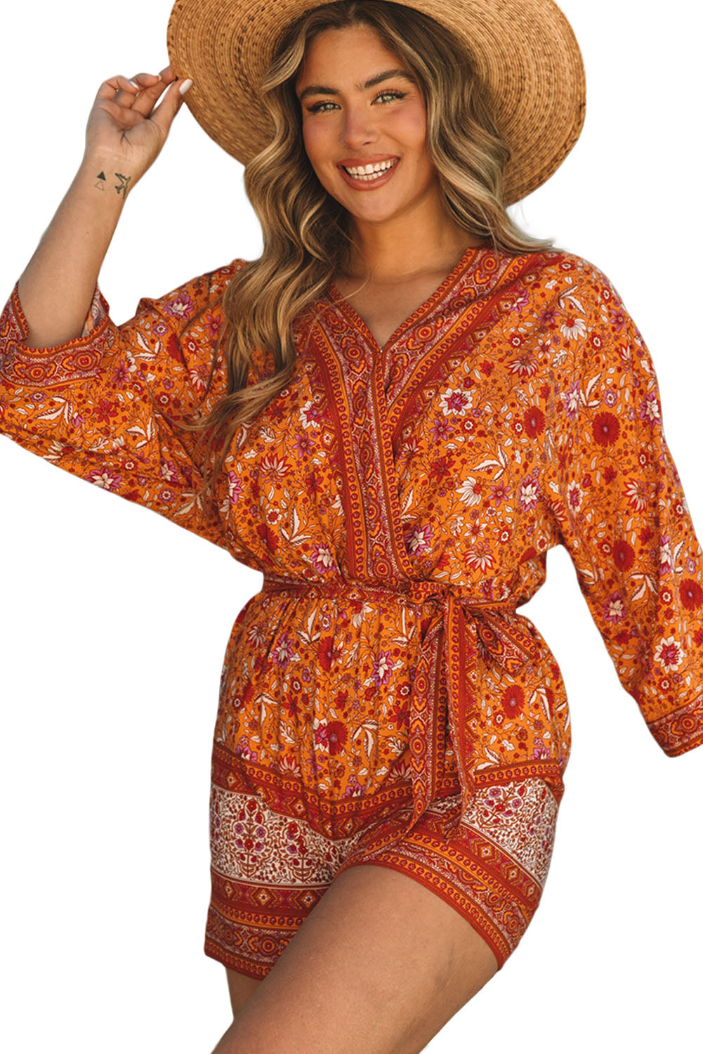 Barboteuse portefeuille florale style Boho orange col en V taille nouée