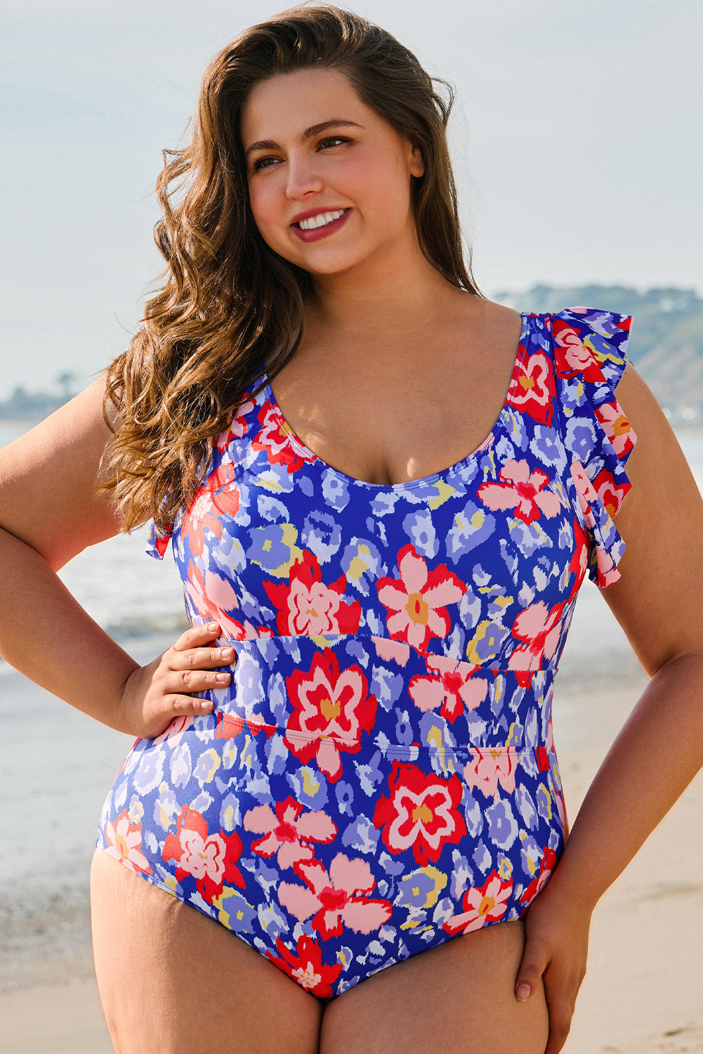 Maillot de bain une pièce taille haute à volants et col en V à imprimé floral