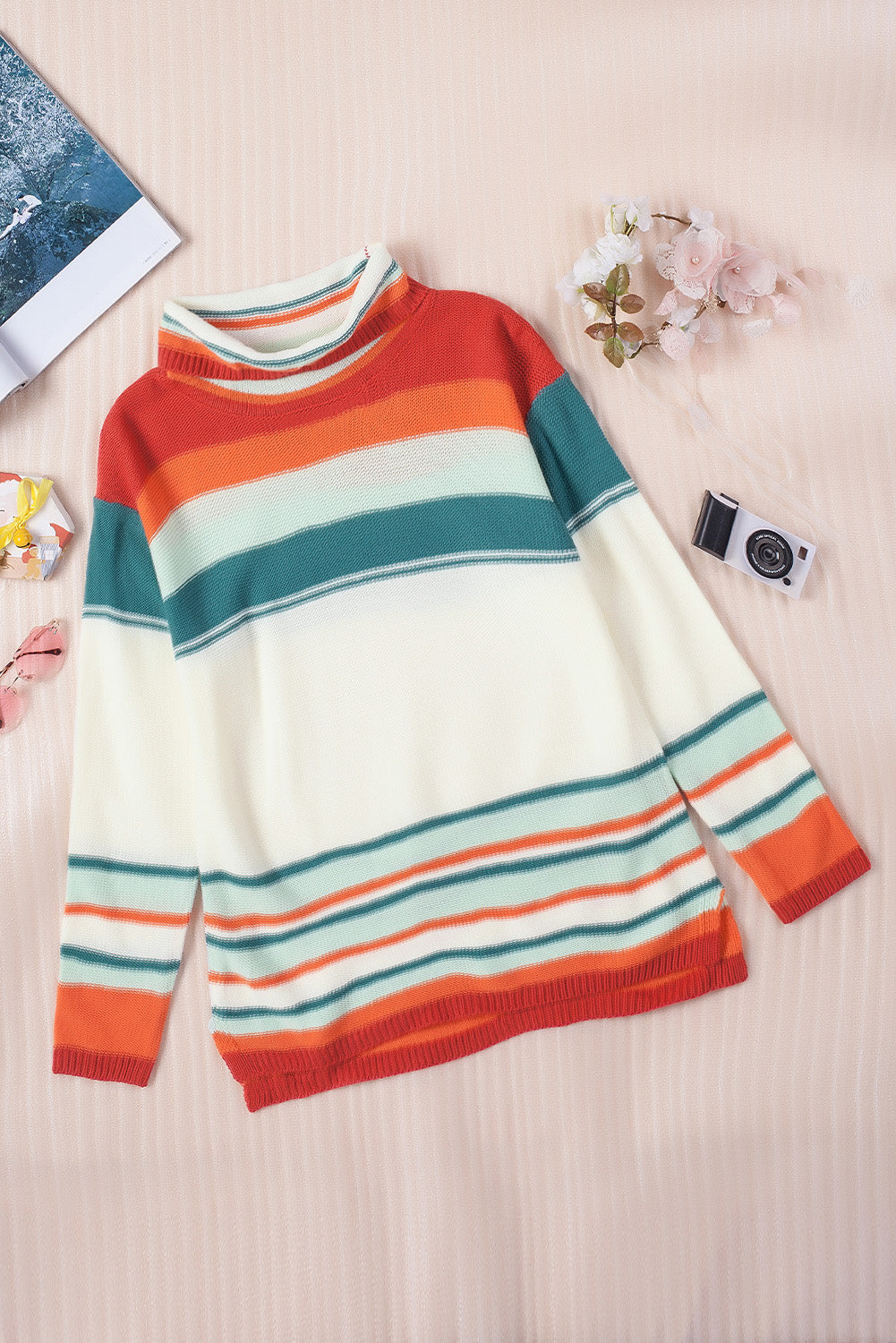 Pull en tricot à col bénitier et blocs de couleurs