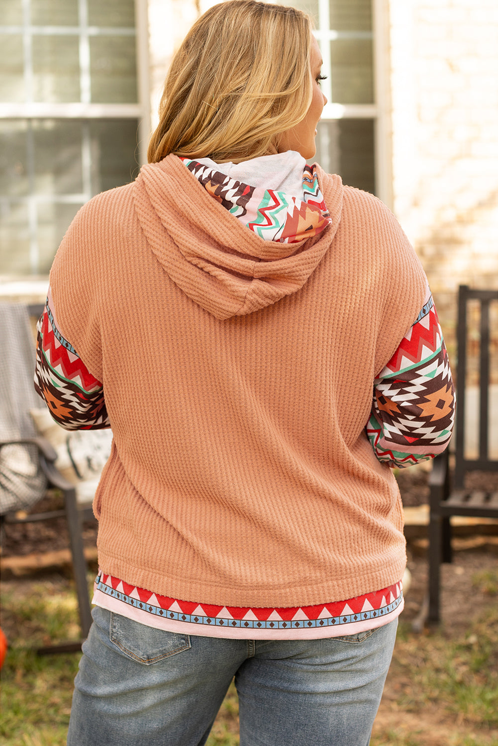 Sweat a capuche Aztec Patchwork Waffle Knit de grande taille