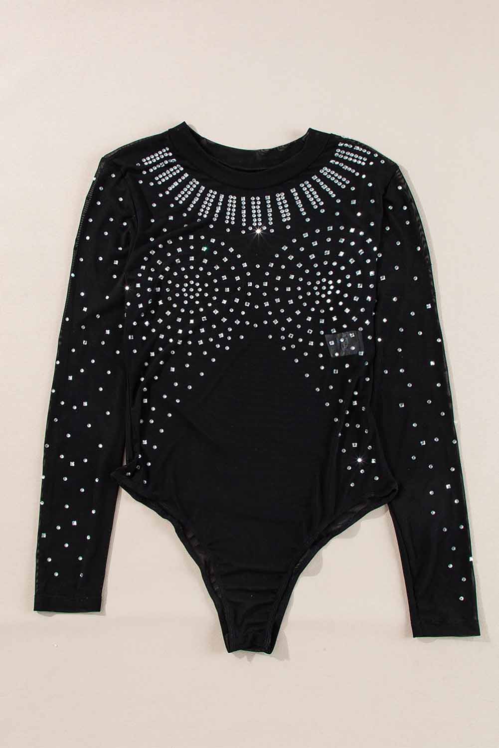 Body a manches longues en maille transparente avec strass