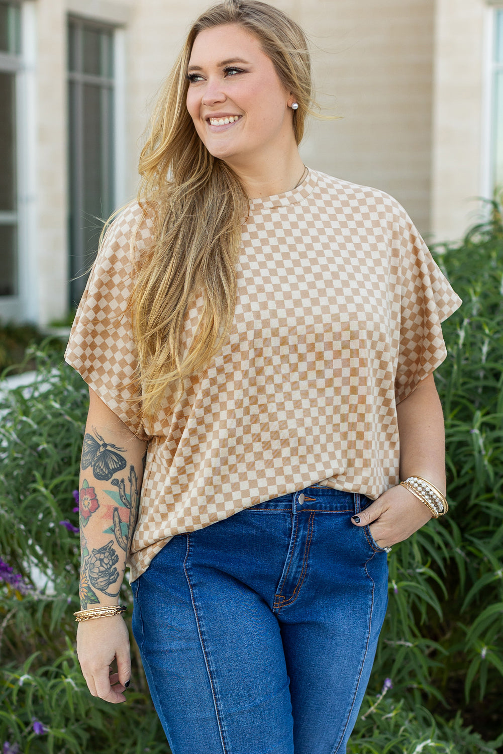 T-shirt a manches courtes et chauve-souris en damier, col rond, grande taille