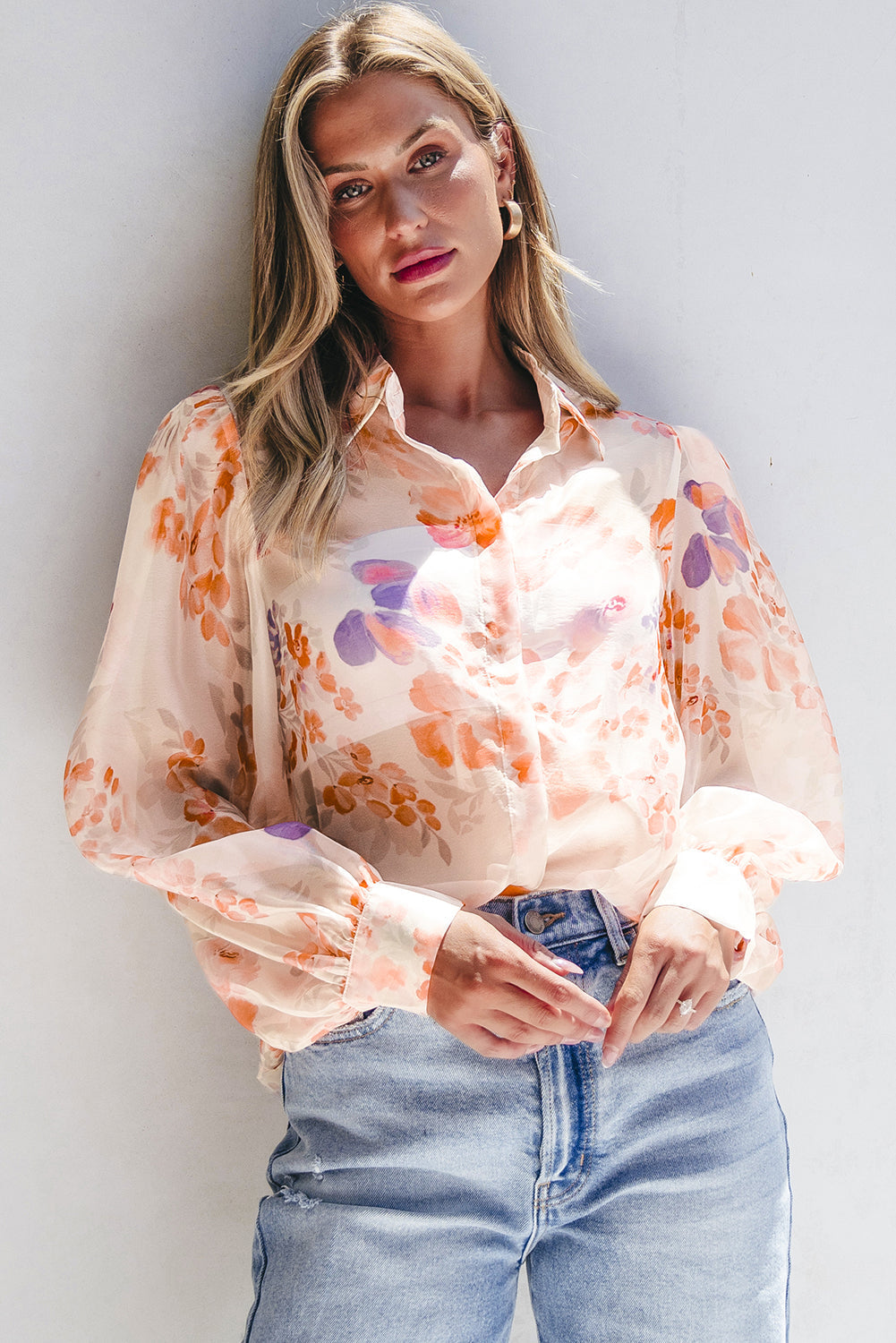 Chemise ample à manches ballon et col imprimé floral