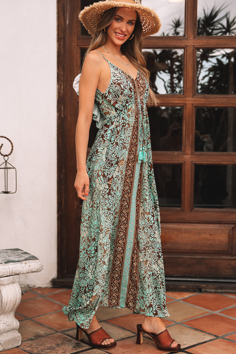 Robe longue à imprimé floral, col en V, bordure à volants, dos nu, taille à pompons