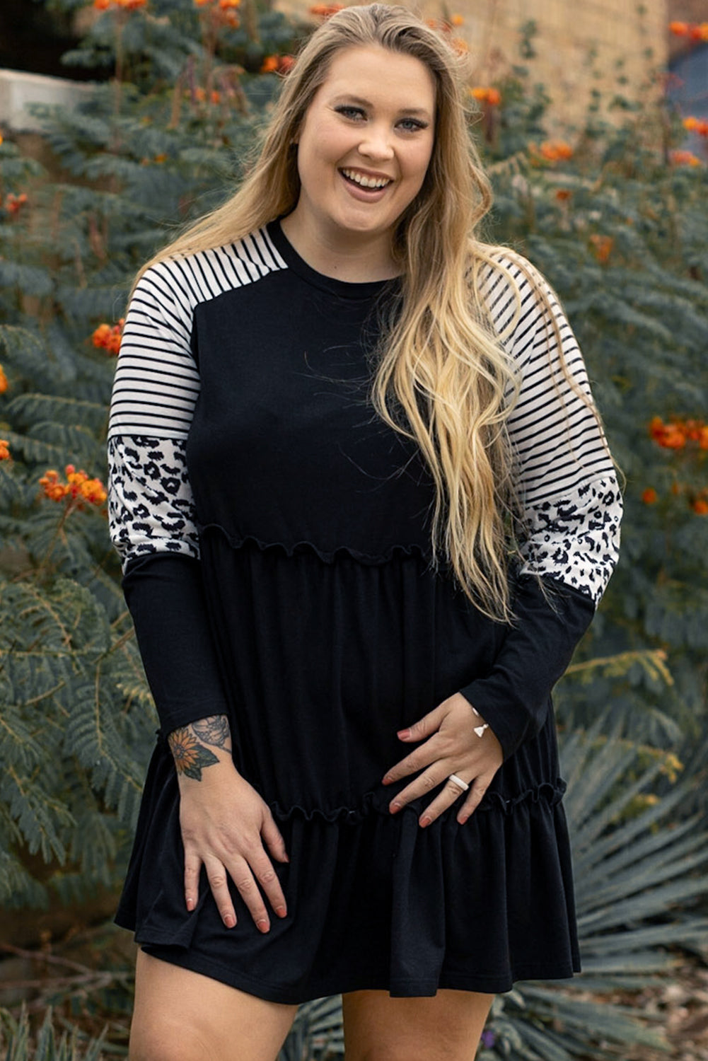 Robe Rayée Léopard à Volants et Manches Patches de Grande Taille