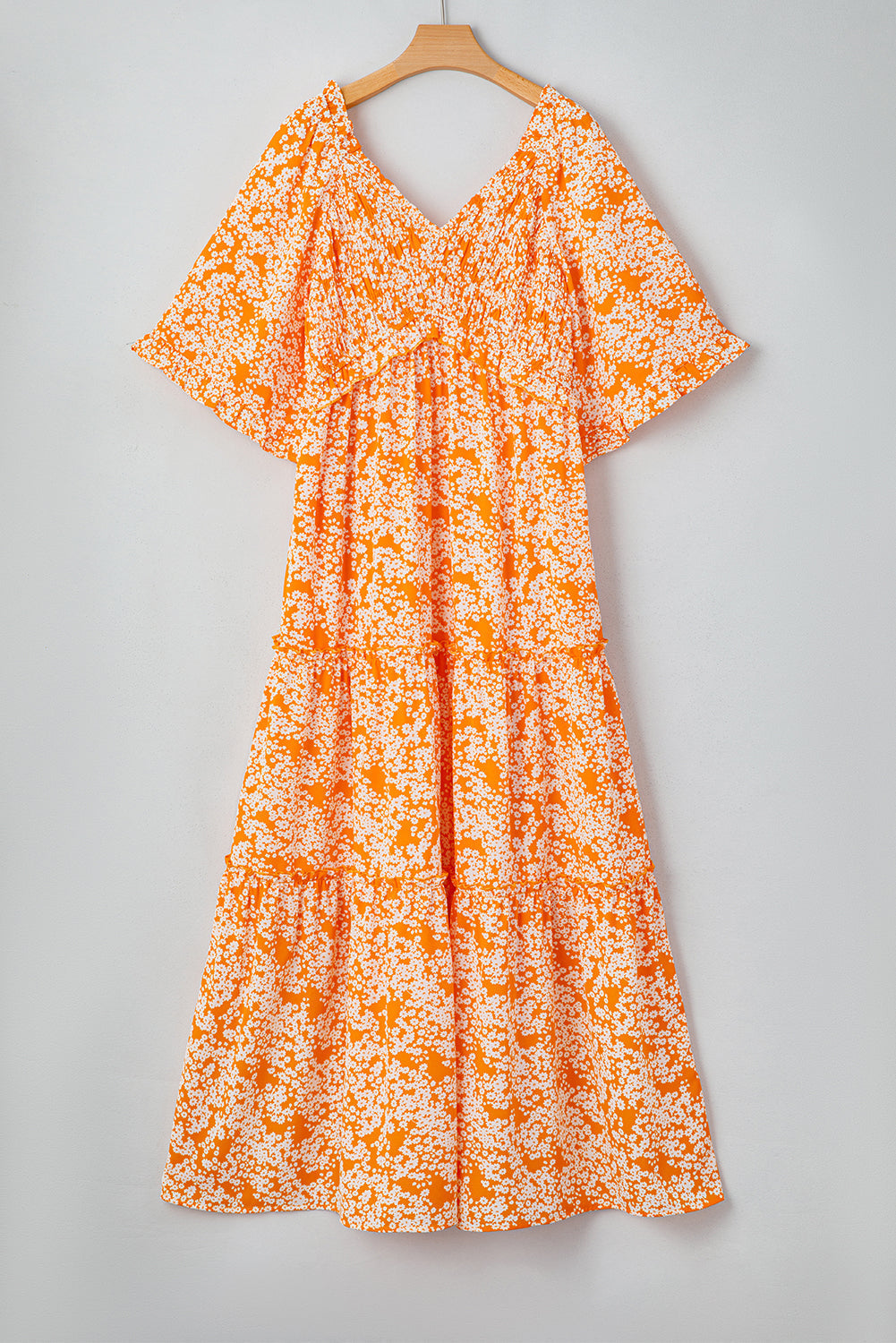 Robe longue à imprimé floral, col en V, manches larges et smockées
