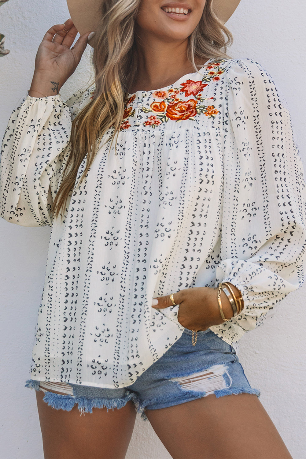 Blouse imprimée brodée à manches longues